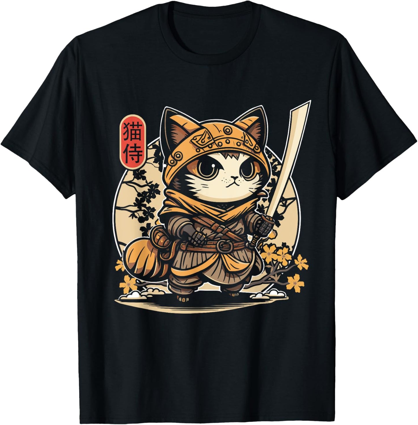 Japanese Samurai Cat Tattoo, Kawaii Ninja Cat T-Shirt - T-Shirt | Black