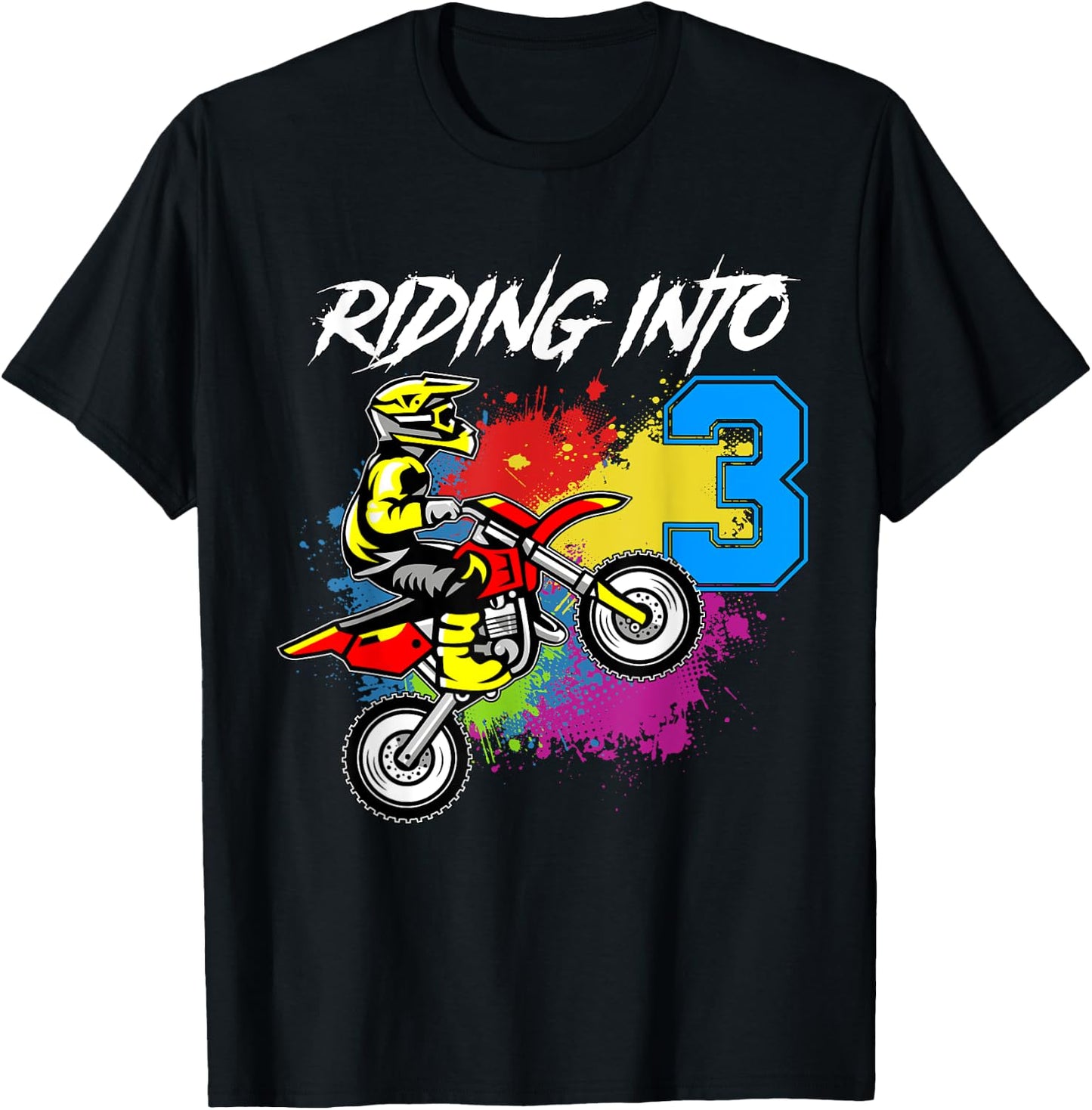 Riding Into 3 Years Old | 3rd Birthday Boy Dirt Bike Party T-Shirt - T-Shirt | Black