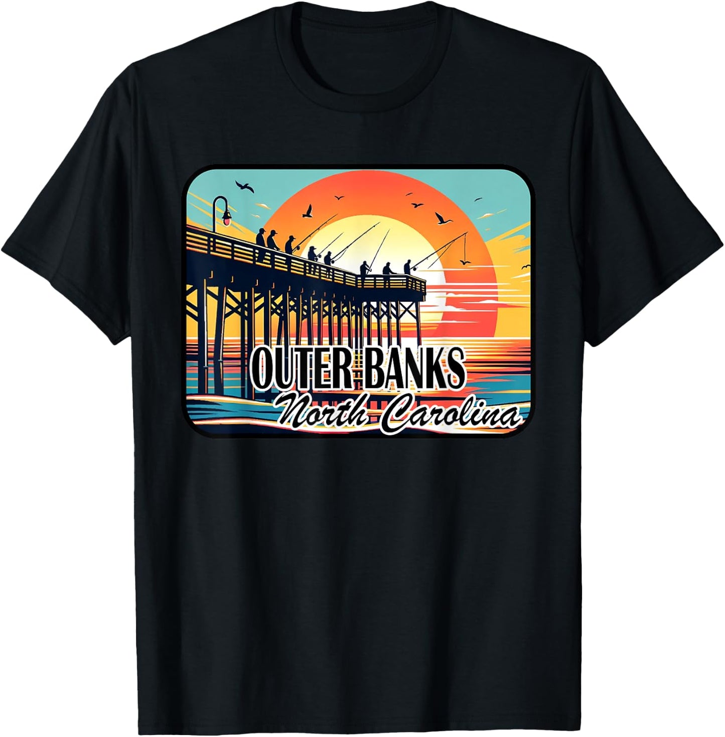 Outer Banks North Carolina Pier Fishing at Dawn Design T-Shirt - T-Shirt | Black