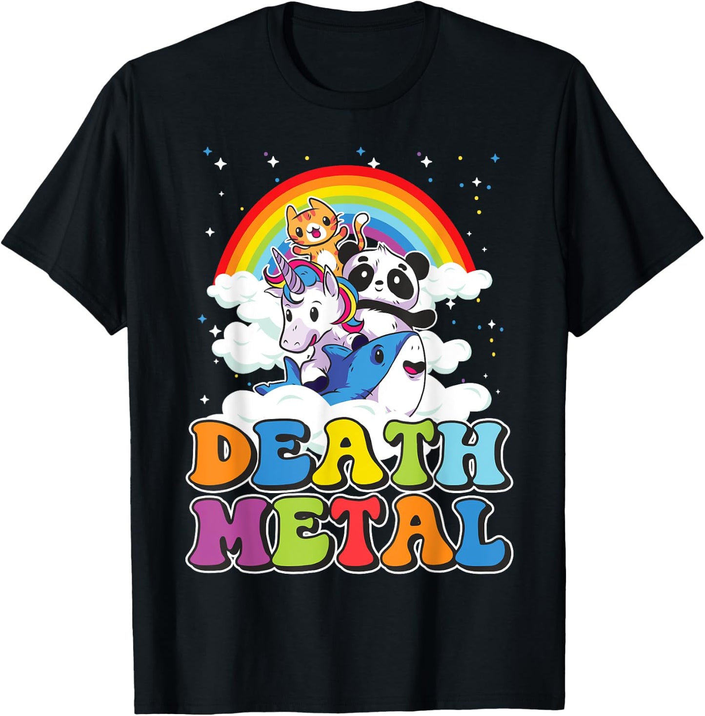 Retro Death Metal Cat Rainbow Unicorn Funny Heavy Metal T-Shirt - T-Shirt | Black