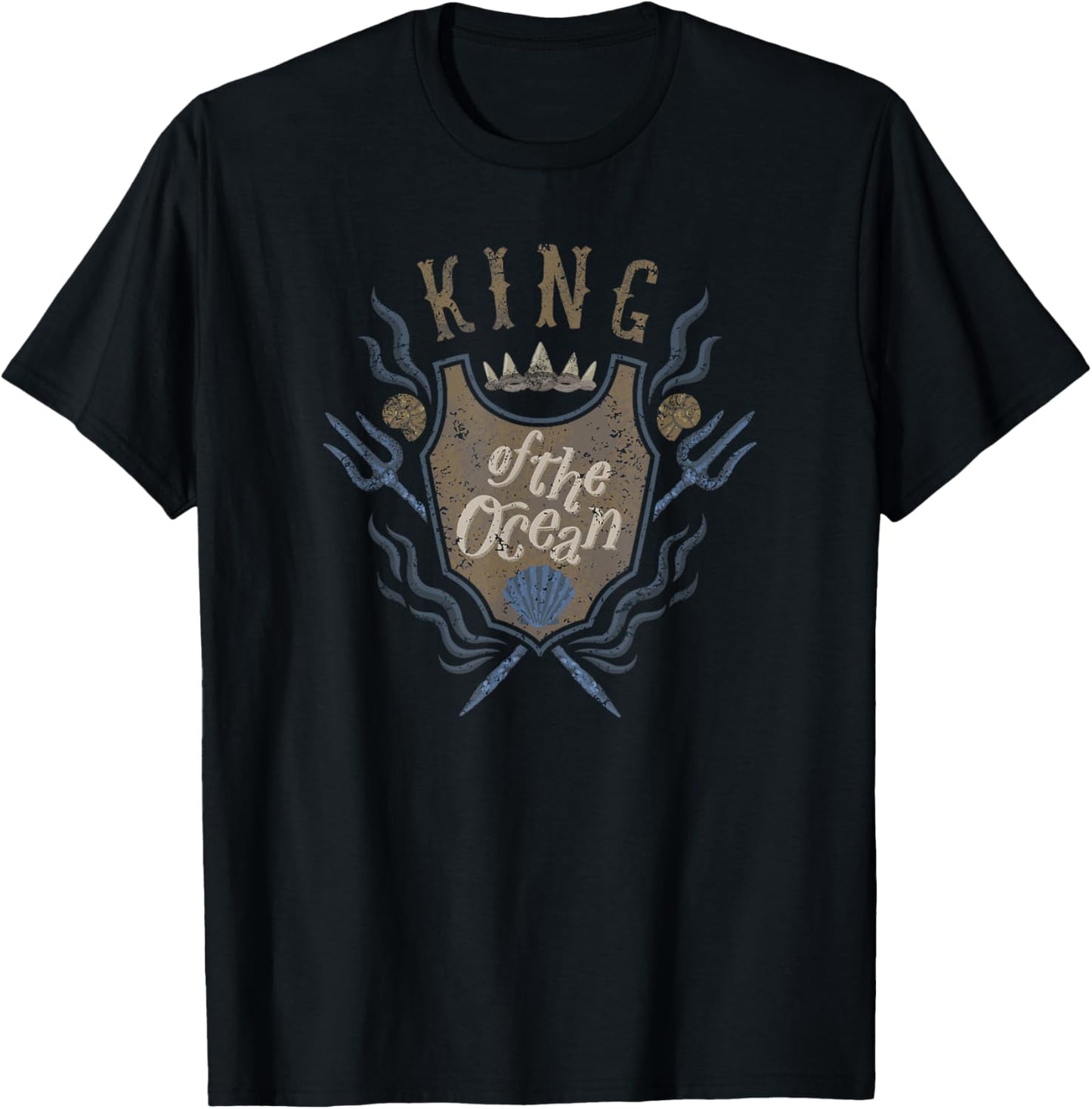Disney The Little Mermaid King Of The Ocean Distressed Crest T-Shirt - T-Shirt | Black