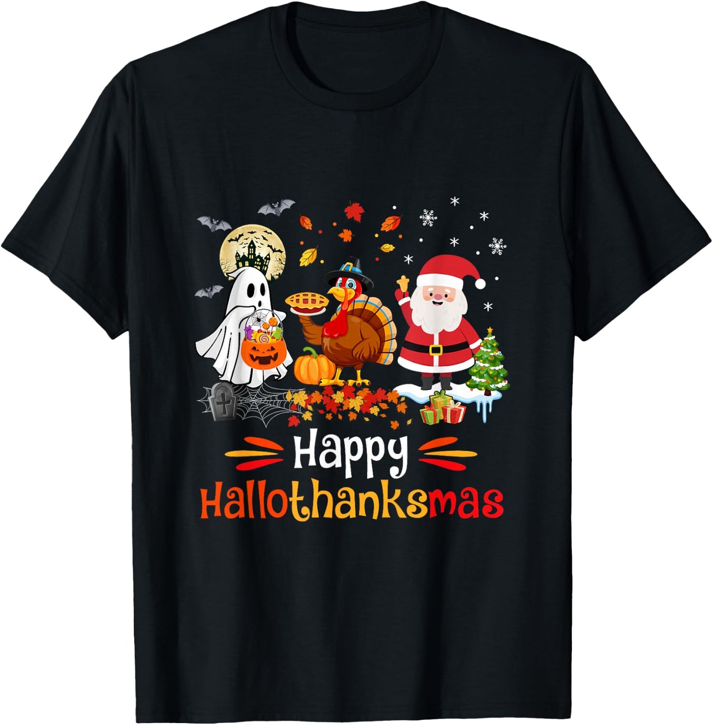 Happy Hallothanksmas Ghost Turkey Pumpkin Christmas Santa T-Shirt - T-Shirt | Black