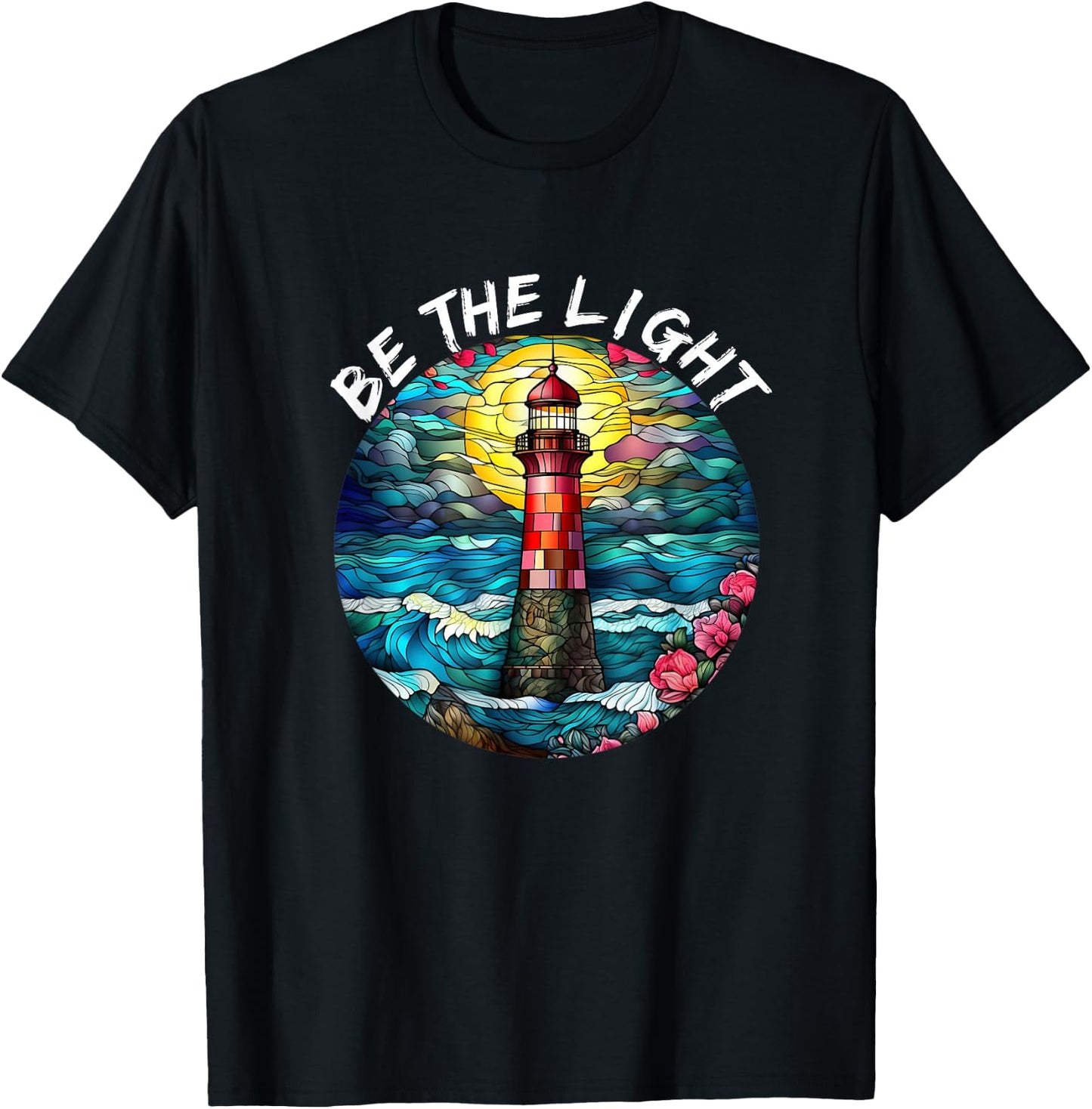 Be The Light Stained Glass Lighthouse Motivational Quote T-Shirt - T-Shirt | Black