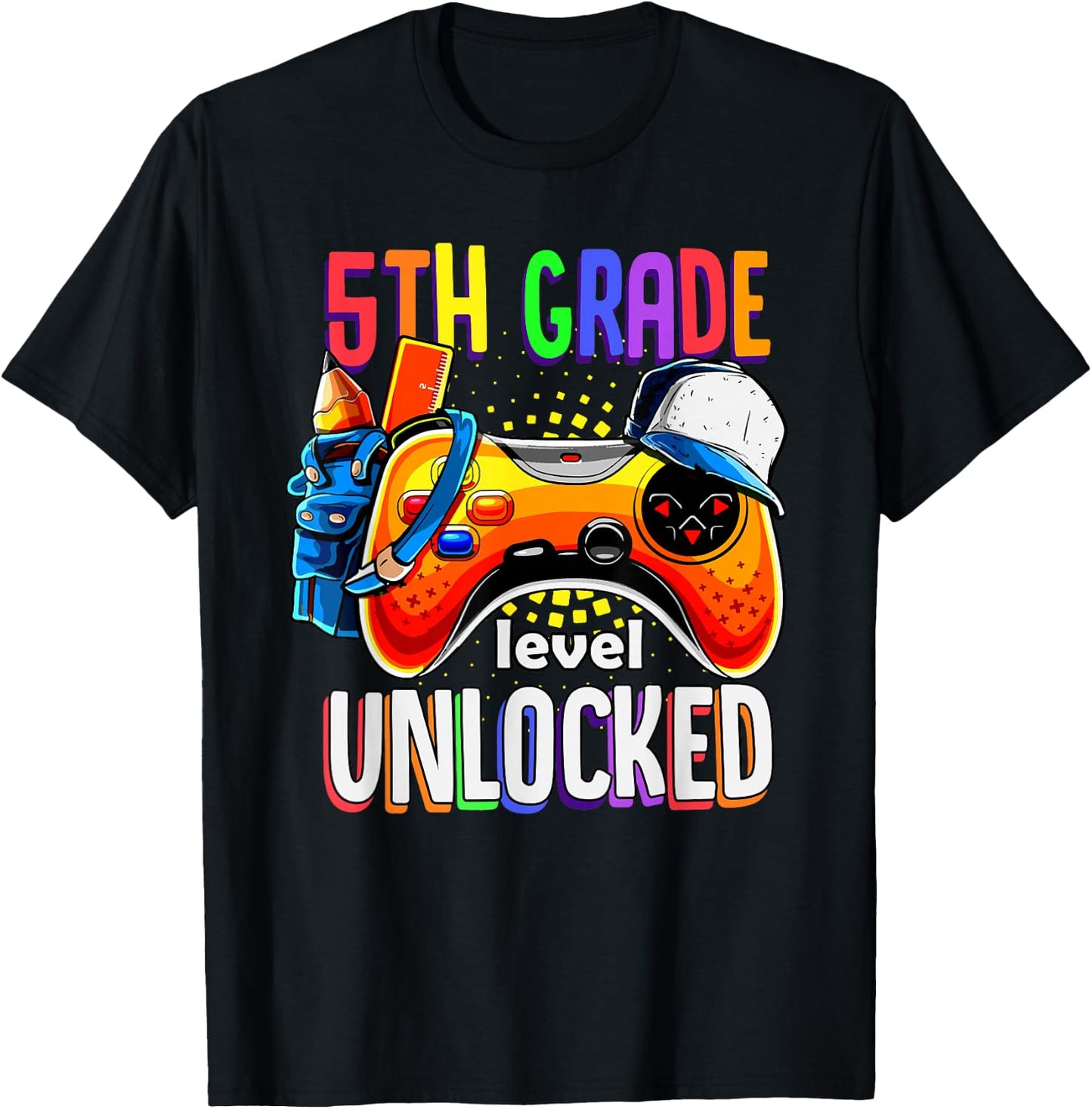 Gamer Back To School Gamepad 5th Fifth Grade Level Unlocked T-Shirt - T-Shirt | Black