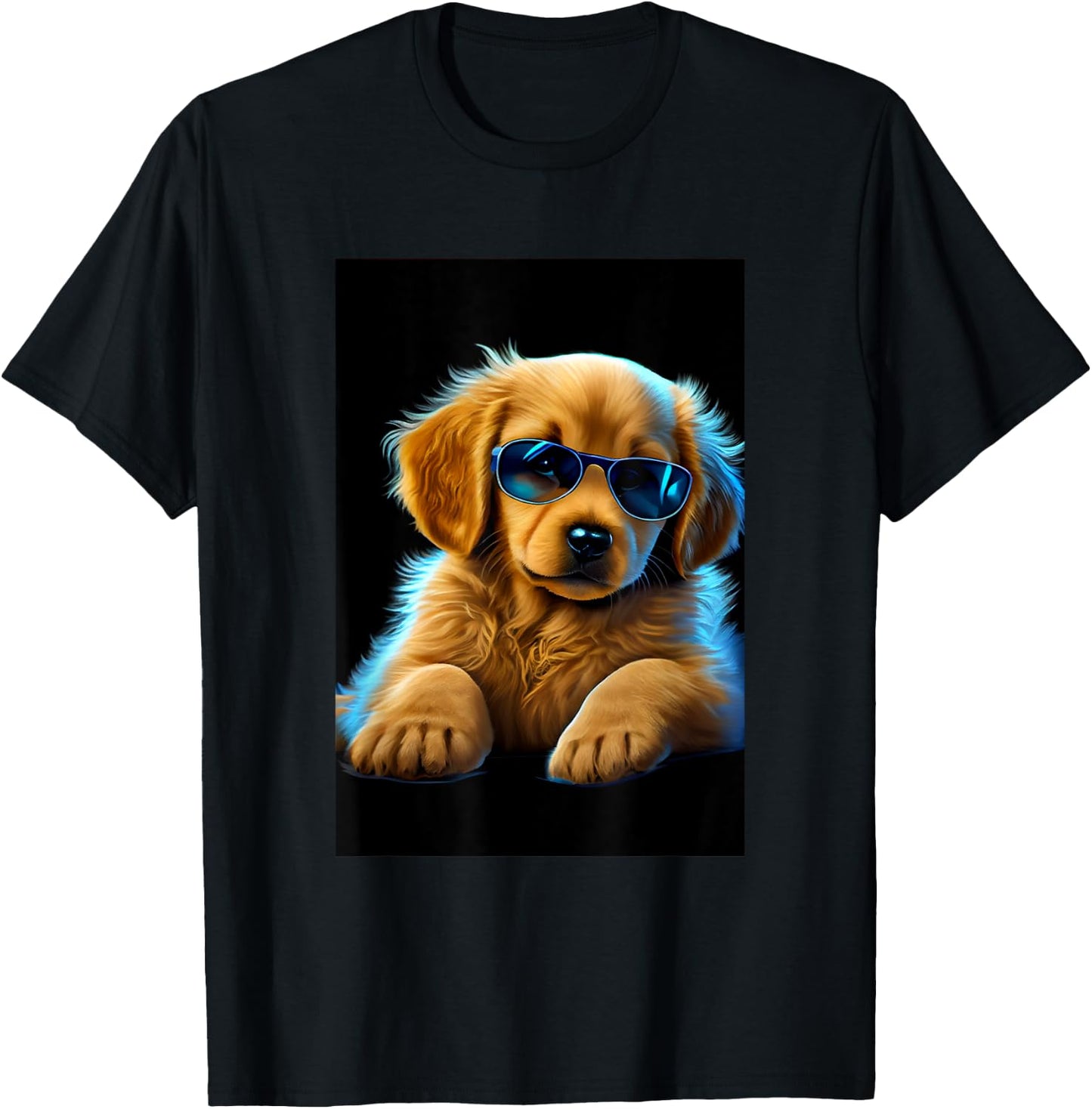 Cute Adorable Golden Retriever Puppy Sunglasses Digital Art T-Shirt - T-Shirt | Black