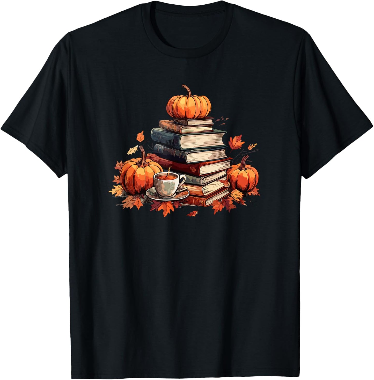 Books Coffee Fall Leaves and Pumpkins Vintage Library T-Shirt - T-Shirt | Black