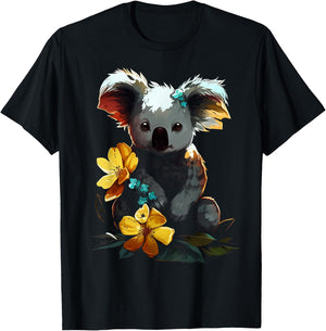 Koala Artwork - Flowers Animal Motif Art Koala T-Shirt - T-Shirt | Black