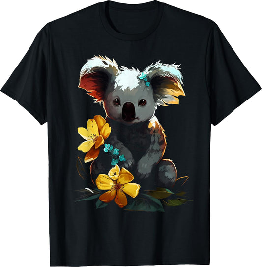 Koala Artwork - Flowers Animal Motif Art Koala T-Shirt - T-Shirt | Black