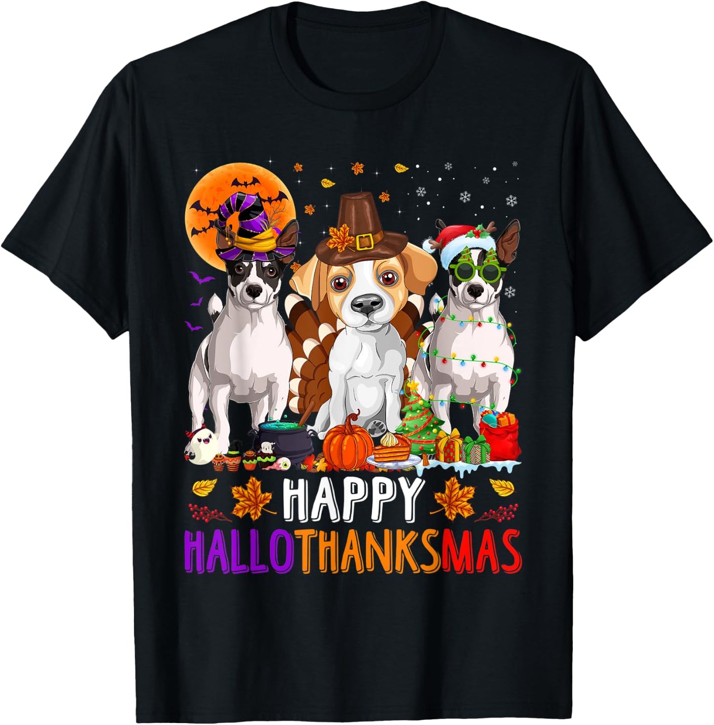 Happy Hallothanksmas Jack Russell Terrier Dog Halloween Xmas T-Shirt - T-Shirt | Black