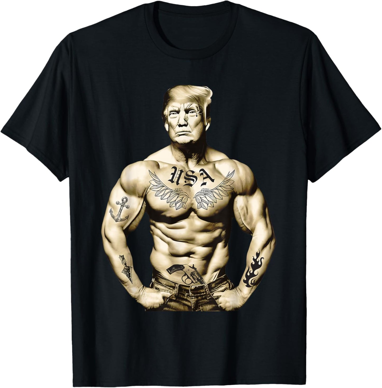 Funny Donald Trump Muscle Workout Tattoo Supporter 2024 T-Shirt - T-Shirt | Black