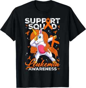 Support Squad Leukemia Awareness Unicorn With Orange Ribbon T-Shirt - T-Shirt | Black