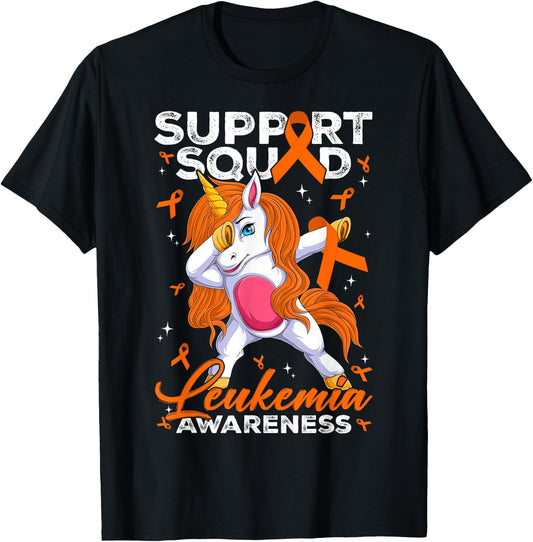 Support Squad Leukemia Awareness Unicorn With Orange Ribbon T-Shirt - T-Shirt | Black