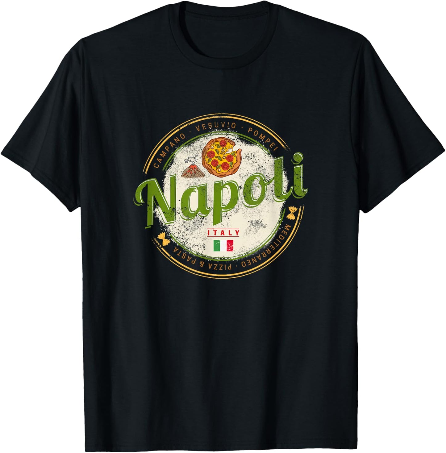 Naples Italy with Vesuvius and Pizza Vintage Souvenir T-Shirt - T-Shirt | Black