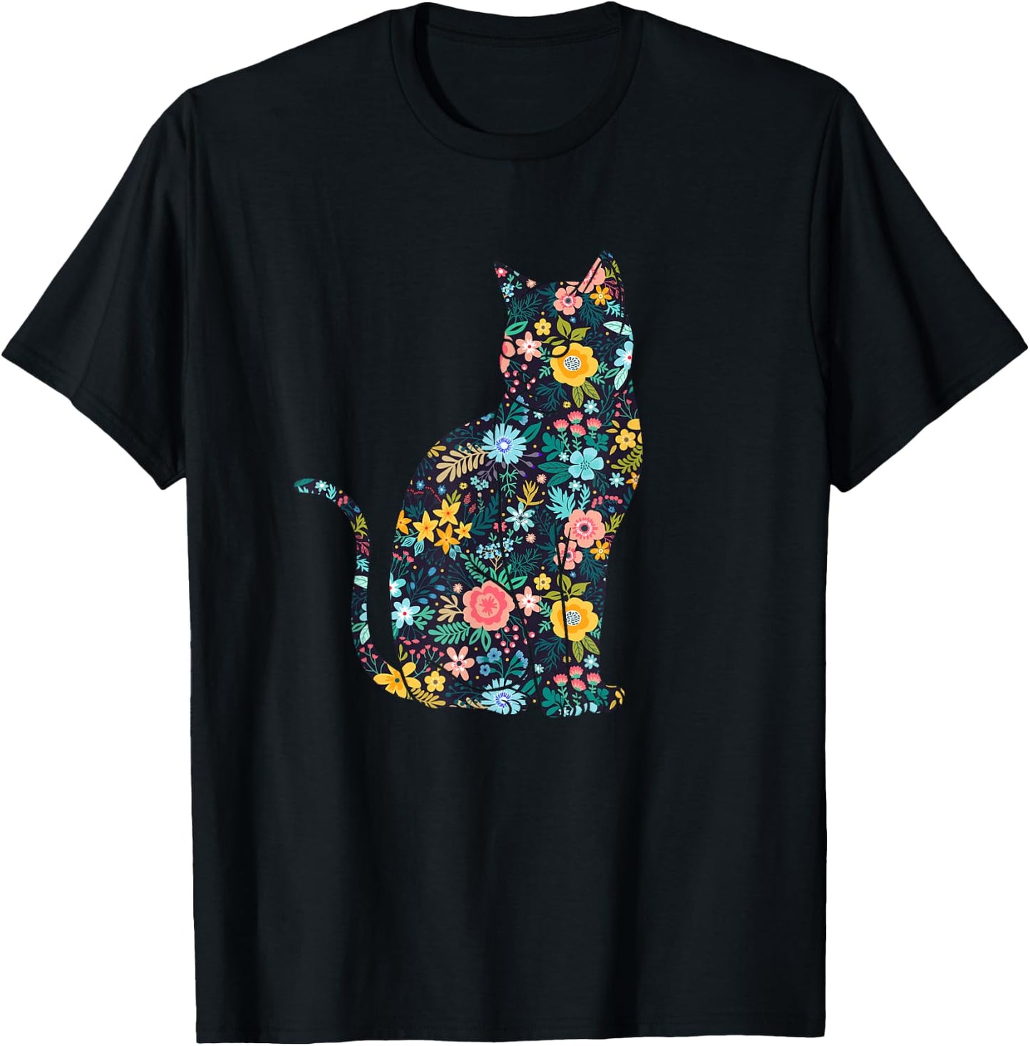 Floral Cat Silhouette Girls Graphic T-Shirt - T-Shirt | Black