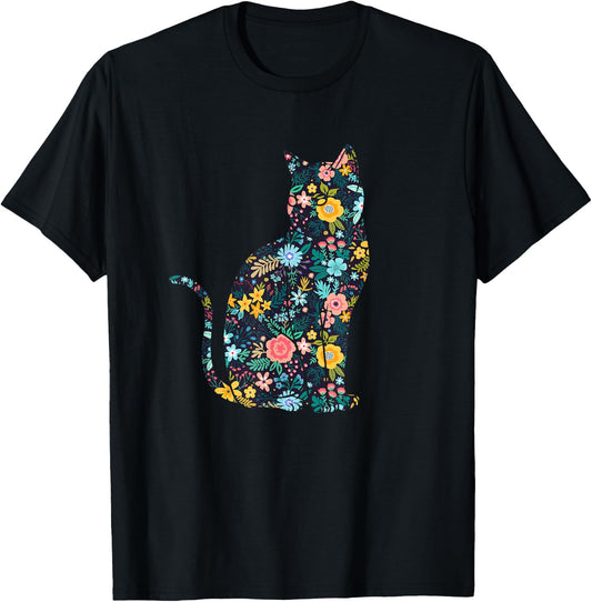 Floral Cat Silhouette Girls Graphic T-Shirt - T-Shirt | Black
