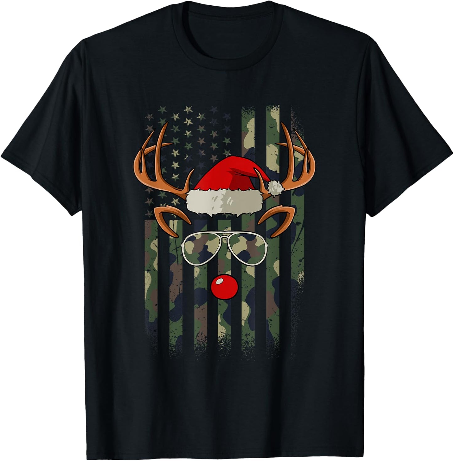 Reindeer Camo American Flag Christmas Pajama X-Mas Veteran T-Shirt - T-Shirt | Black