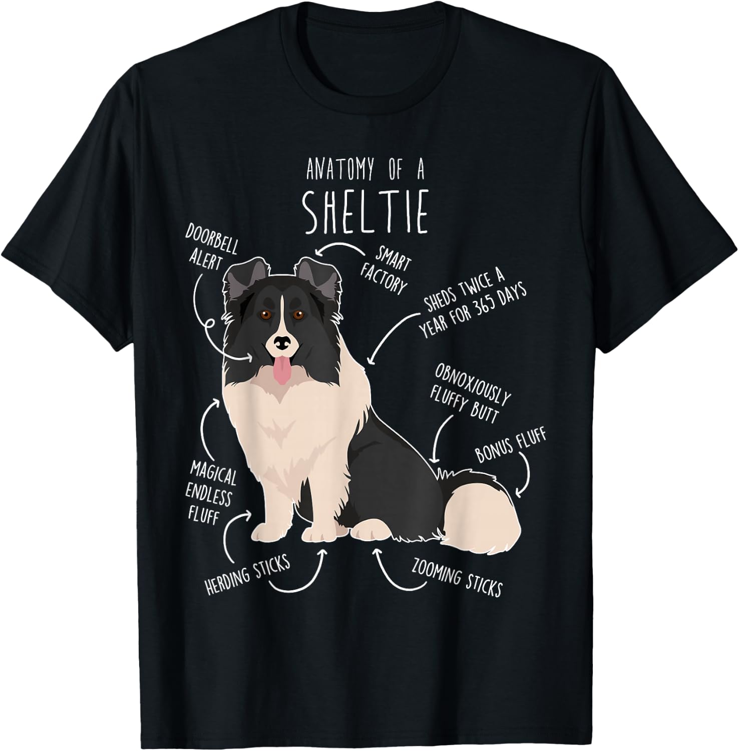 Bi Black Sheltie Shetland Sheepdog Anatomy, Funny Cute Pet Men Women Girls Kids T-Shirt - T-Shirt | Black