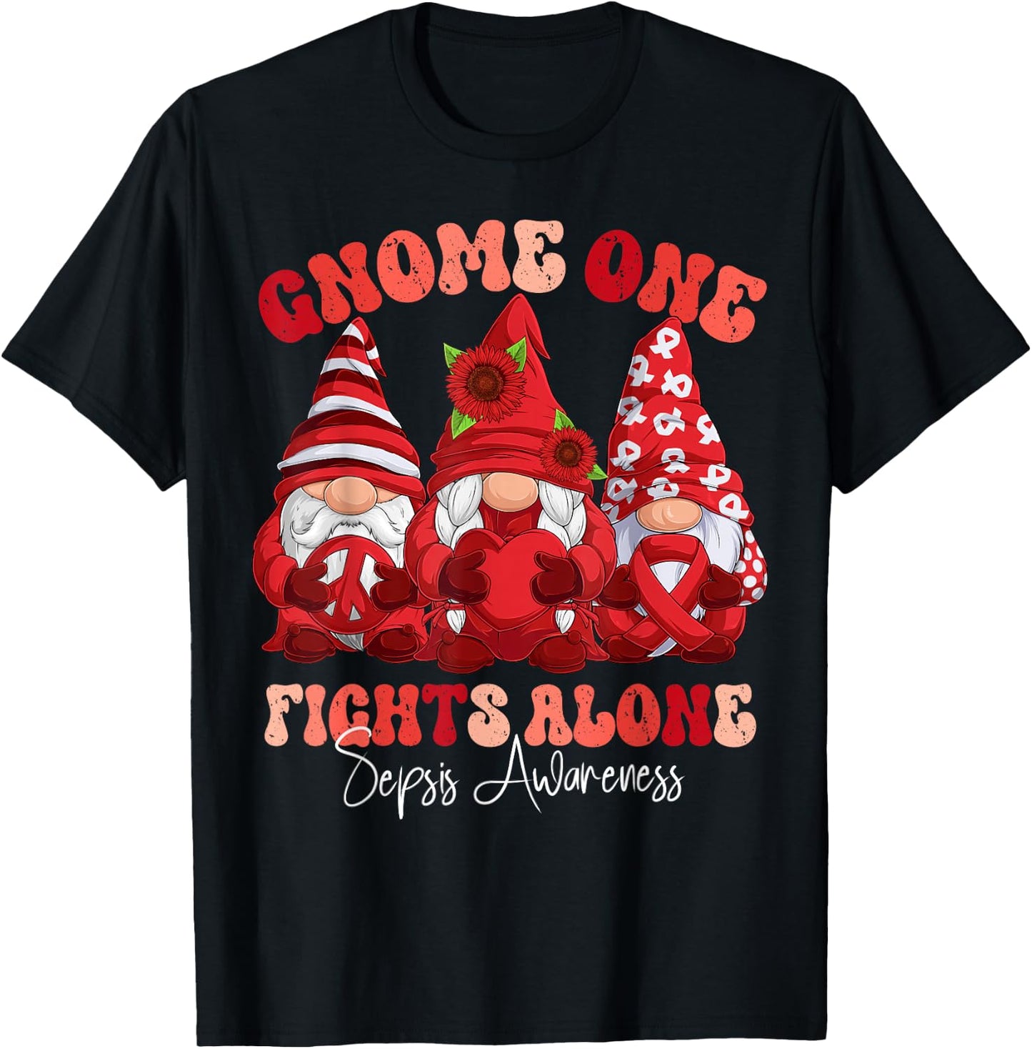 Sepsis Awareness Month Red Ribbon Gnomies T-Shirt - T-Shirt | Black