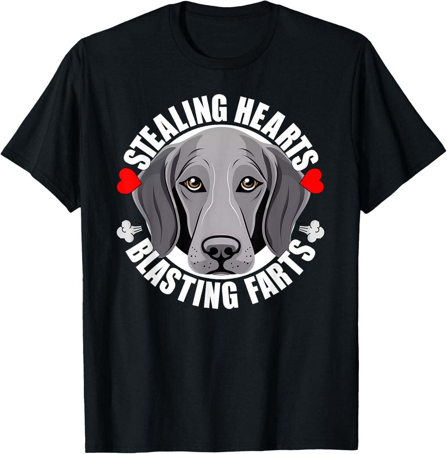 Funny Weimaraner Stealing Hearts Blasting Farts Puppy Dog T-Shirt - T-Shirt | Black