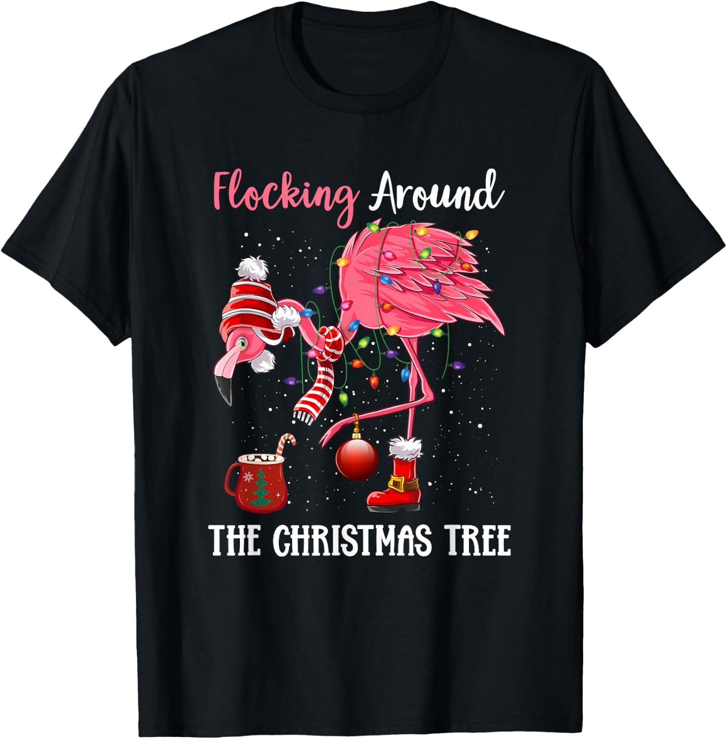 Flocking Around The Christmas Tree Xmas Pjs Pink Flamingo T-Shirt - T-Shirt | Black