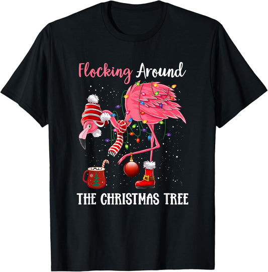 Flocking Around The Christmas Tree Xmas Pjs Pink Flamingo T-Shirt - T-Shirt | Black