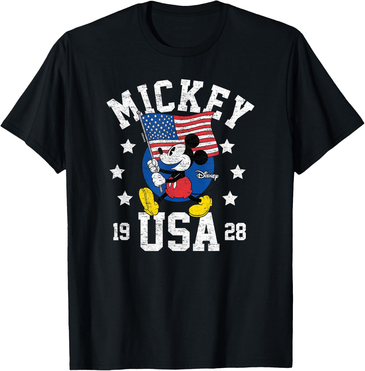 Mickey Mouse - Waving Flag USA with Stars T-Shirt - T-Shirt | Black