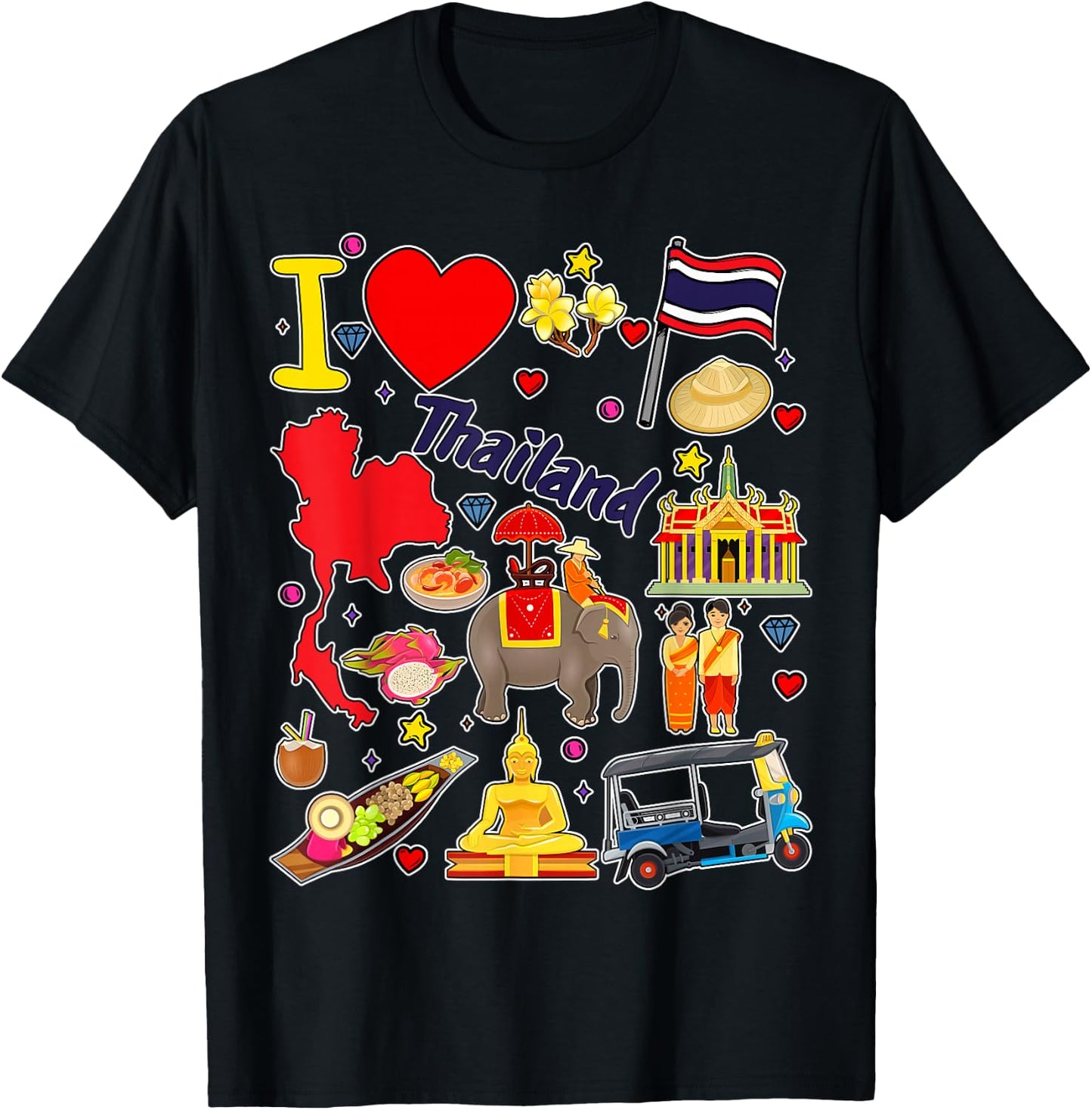 Thai hand drawn landmarks, Thailand map, Culture icons T-Shirt - T-Shirt | Black