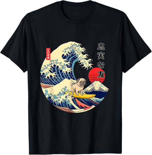Pug Japanese Kanagawa Wave Surf Loyal Dog T-Shirt - T-Shirt | Black