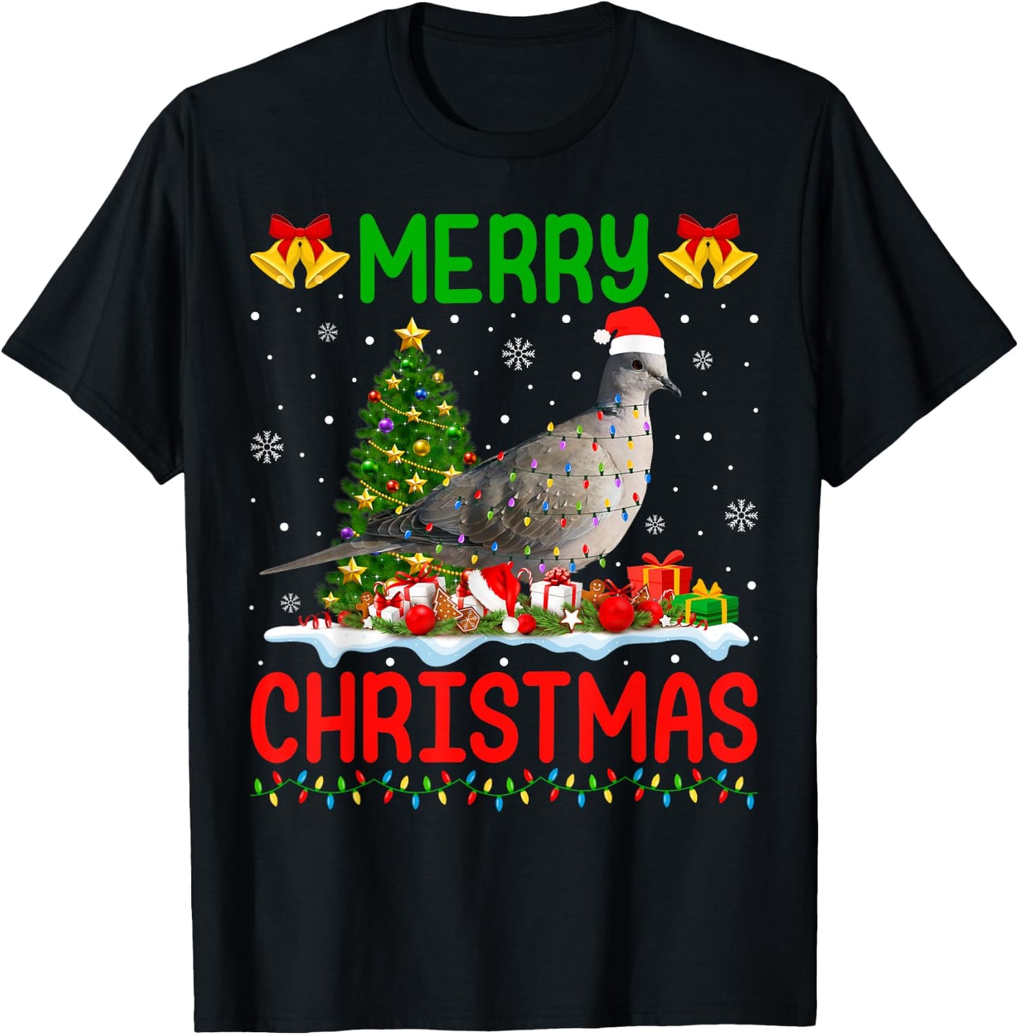 Xmas Dove Bird Lighting Santa Merry Christmas Mourning Dove T-Shirt - T-Shirt | Black