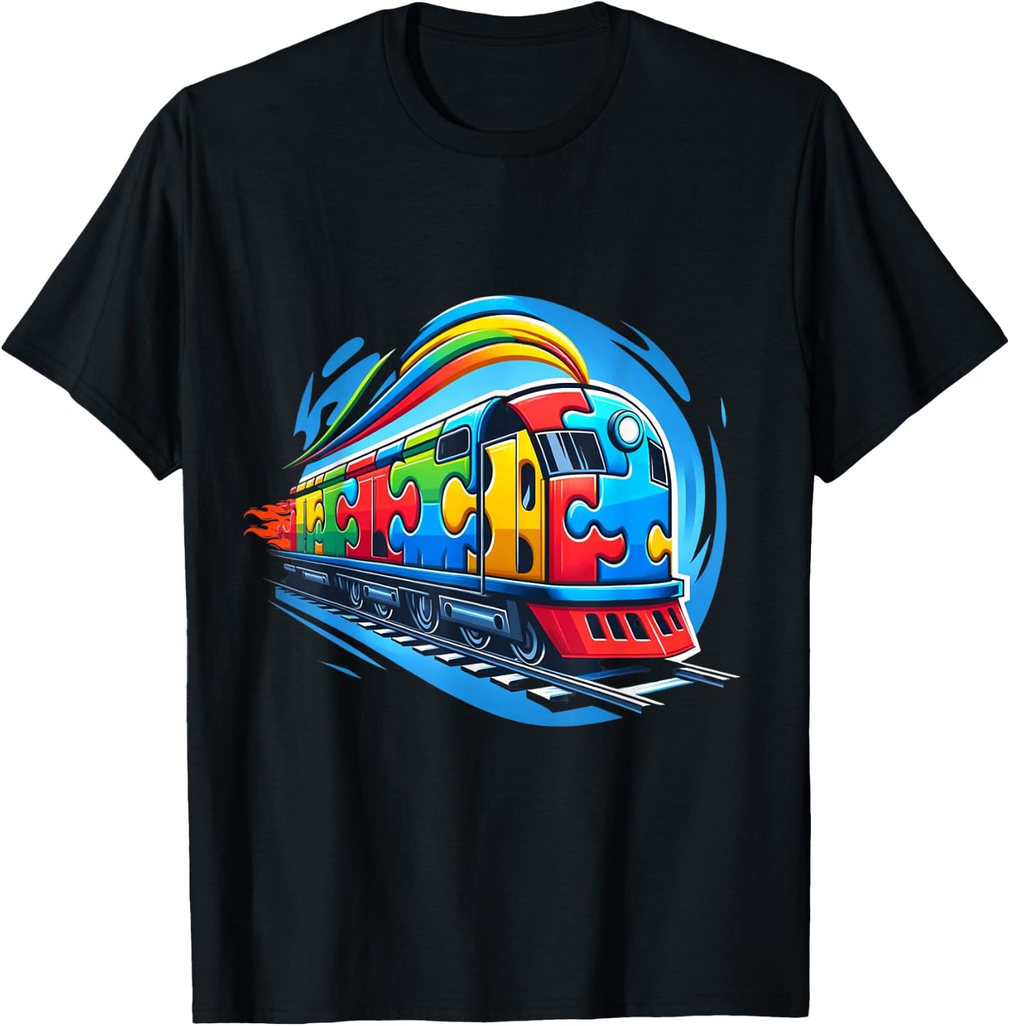 Autism Rainbow Puzzle Piece Train Acceptance Awareness T-Shirt - T-Shirt | Black