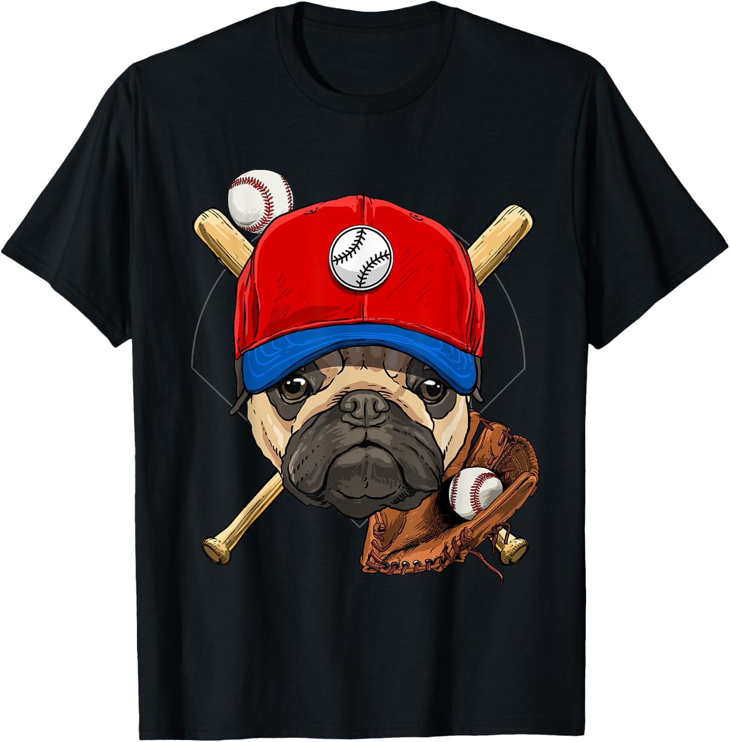 Pawsome -Adults, Kids Baseball , Black, Small, Short Sleeve, Cartoon Pug Baseball Player Applique T-Shirt - T-Shirt | Black