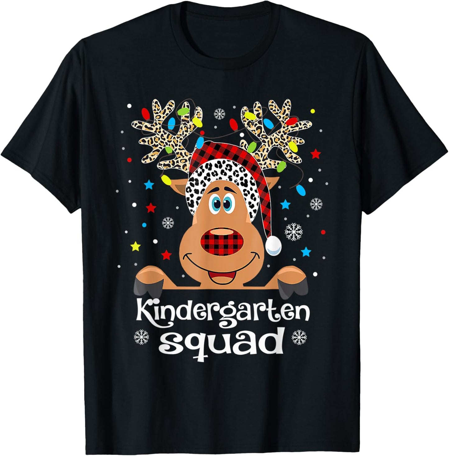 Kindergarten Squad Plaid Reindeer Santa Hat Teacher Men Women Kids T-Shirt - T-Shirt | Black