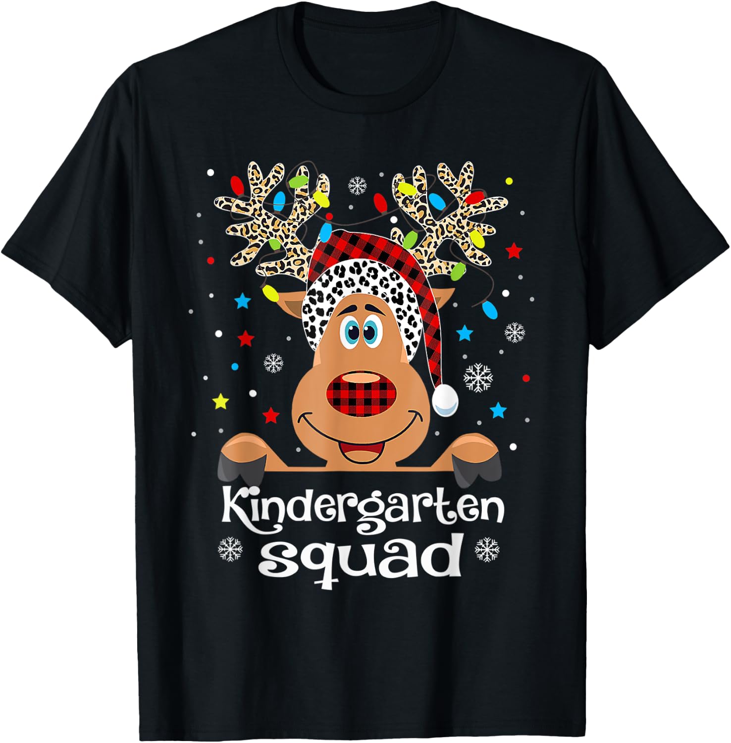 Kindergarten Squad Plaid Reindeer Santa Hat Teacher Men Women Kids T-Shirt - T-Shirt | Black