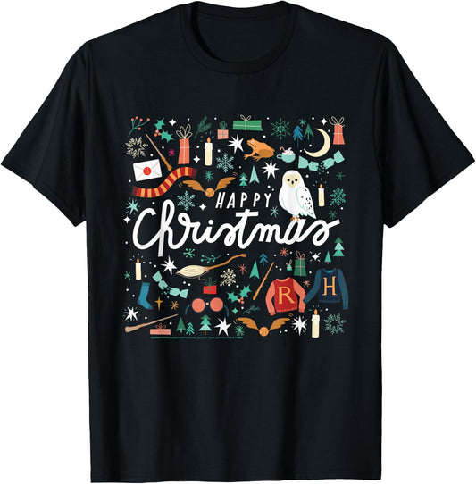 Harry Potter Happy Christmas, Hedwig, Golden Snitch T-Shirt - T-Shirt | Black