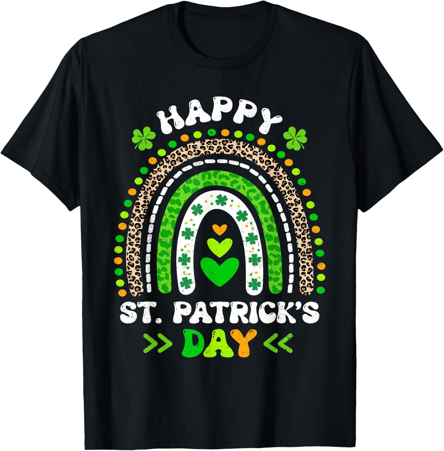 Groovy Happy St Patricks Day Leopard Rainbow Shamrock Irish T-Shirt - T-Shirt | Black