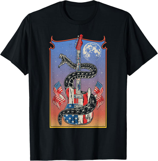 American Flag Guitar 4th of July Guitarist USA Country Music T-Shirt - T-Shirt | Black