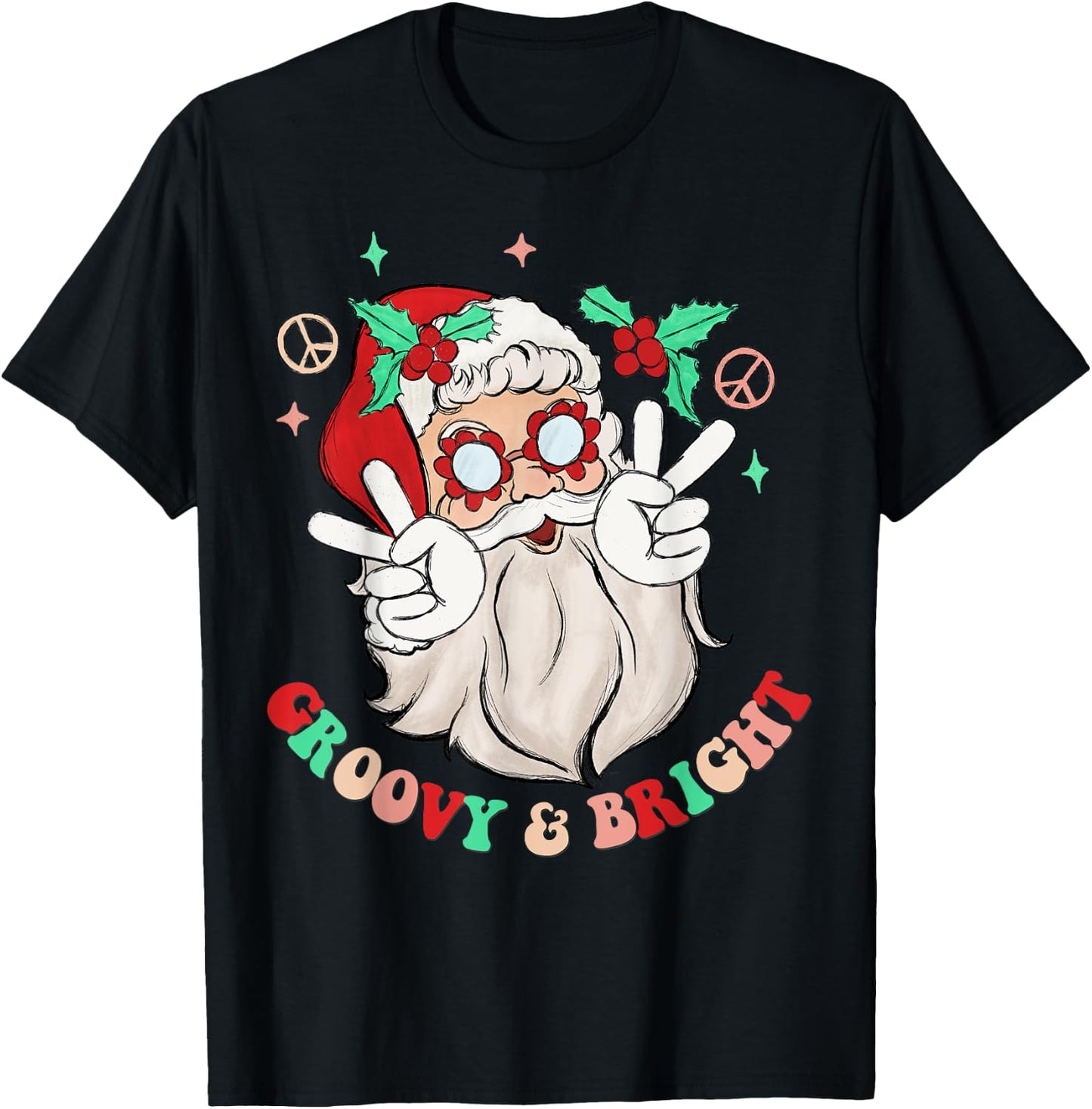Hippie Santa Groovy Peace Sign Funny Merry Christmas T-Shirt - T-Shirt | Black