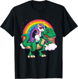 Unicorn Riding Dinosaur - Mythical Animal Rainbow Unicorn T-Shirt - T-Shirt | Black