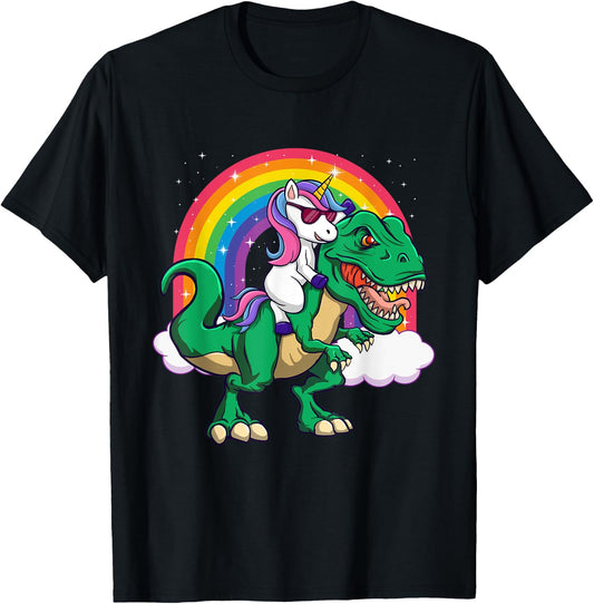 Unicorn Riding Dinosaur - Mythical Animal Rainbow Unicorn T-Shirt - T-Shirt | Black