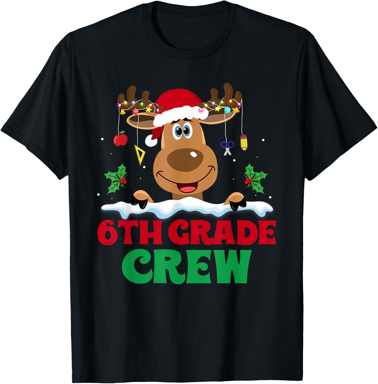 6th Grade Crew Reindeer Santa Hat Funny Christmas Teacher T-Shirt - T-Shirt | Black