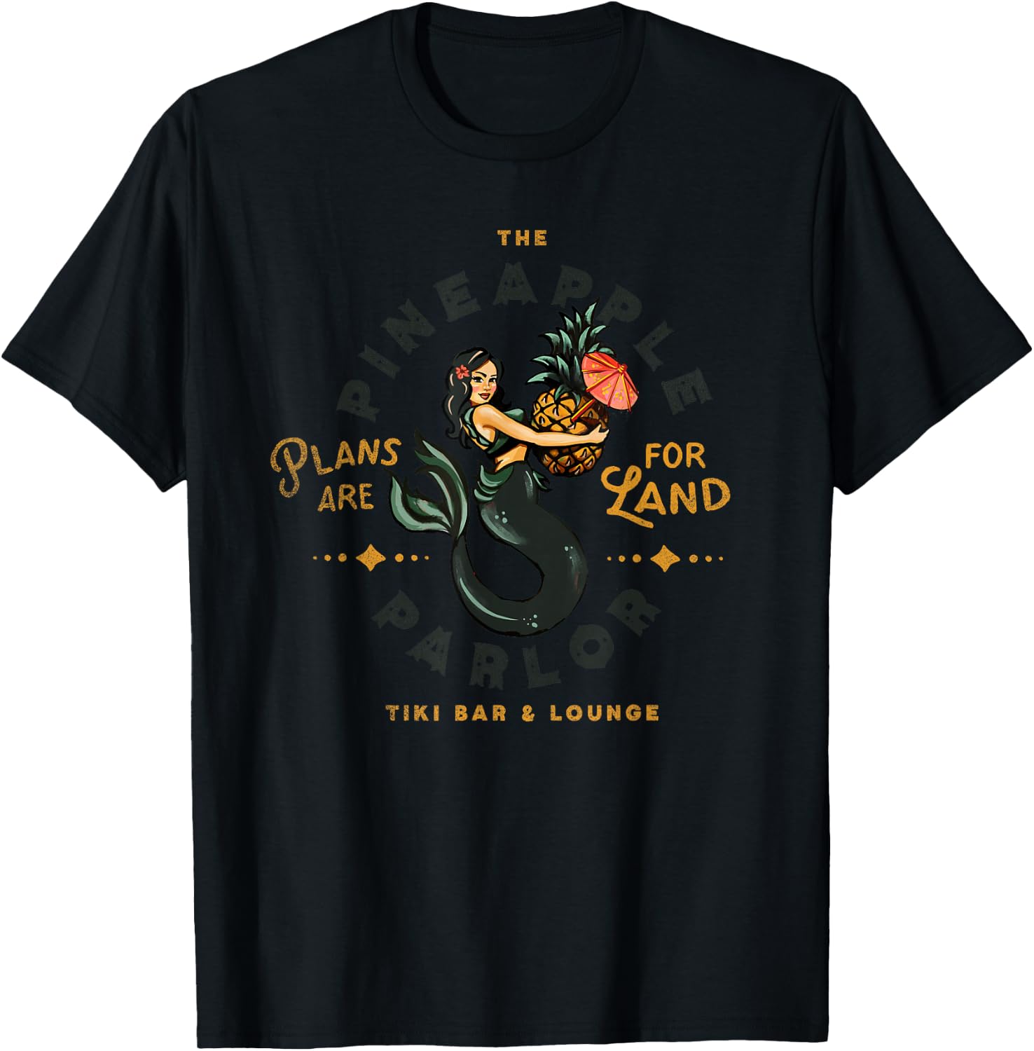 Fun Tiki Bar Tattoo Pinup: Tropical Pineapple Sailor Mermaid T-Shirt - T-Shirt | Black