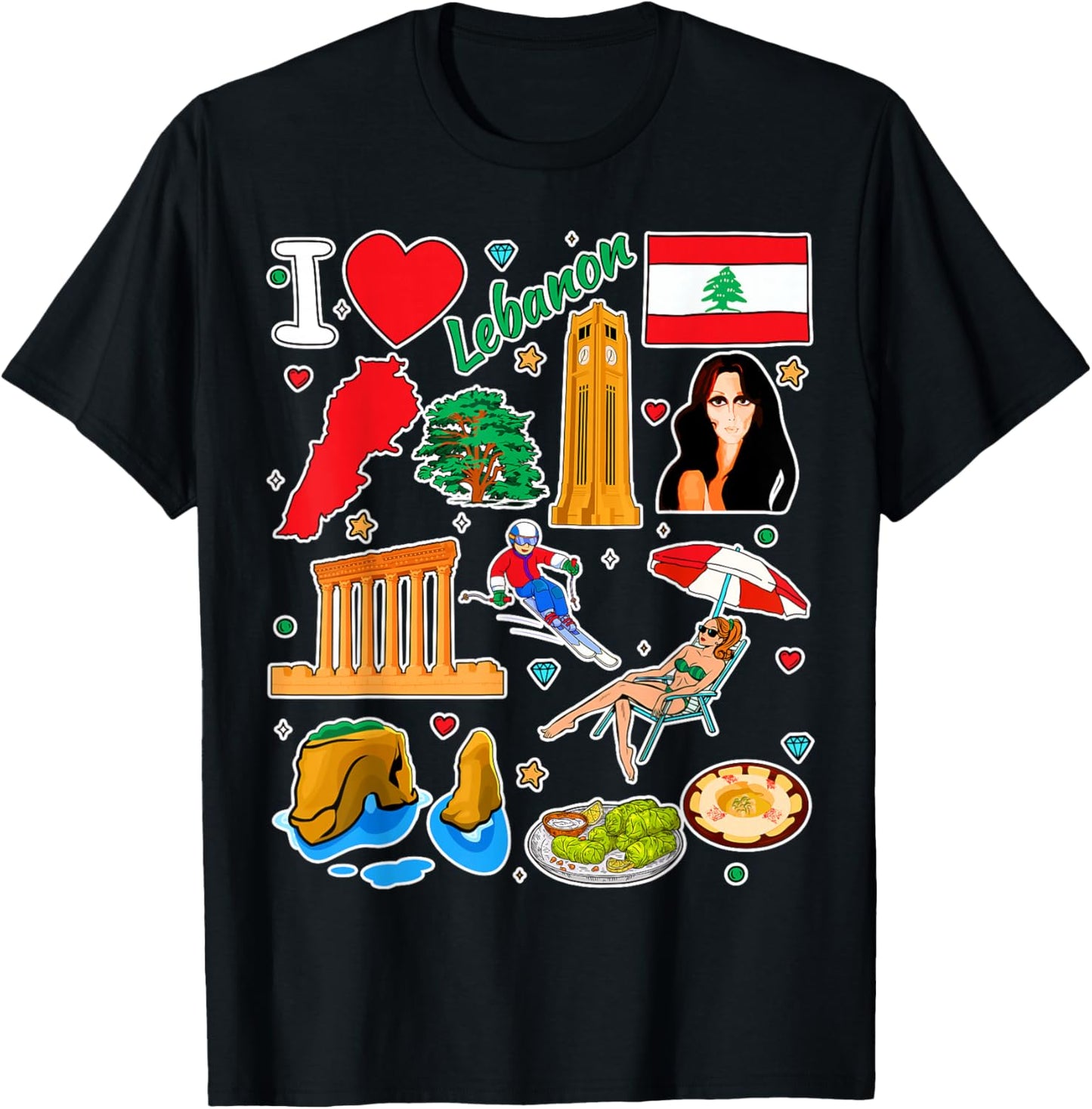 Lebanese hand drawn symbols, Lebanon map, cultural icons T-Shirt - T-Shirt | Black