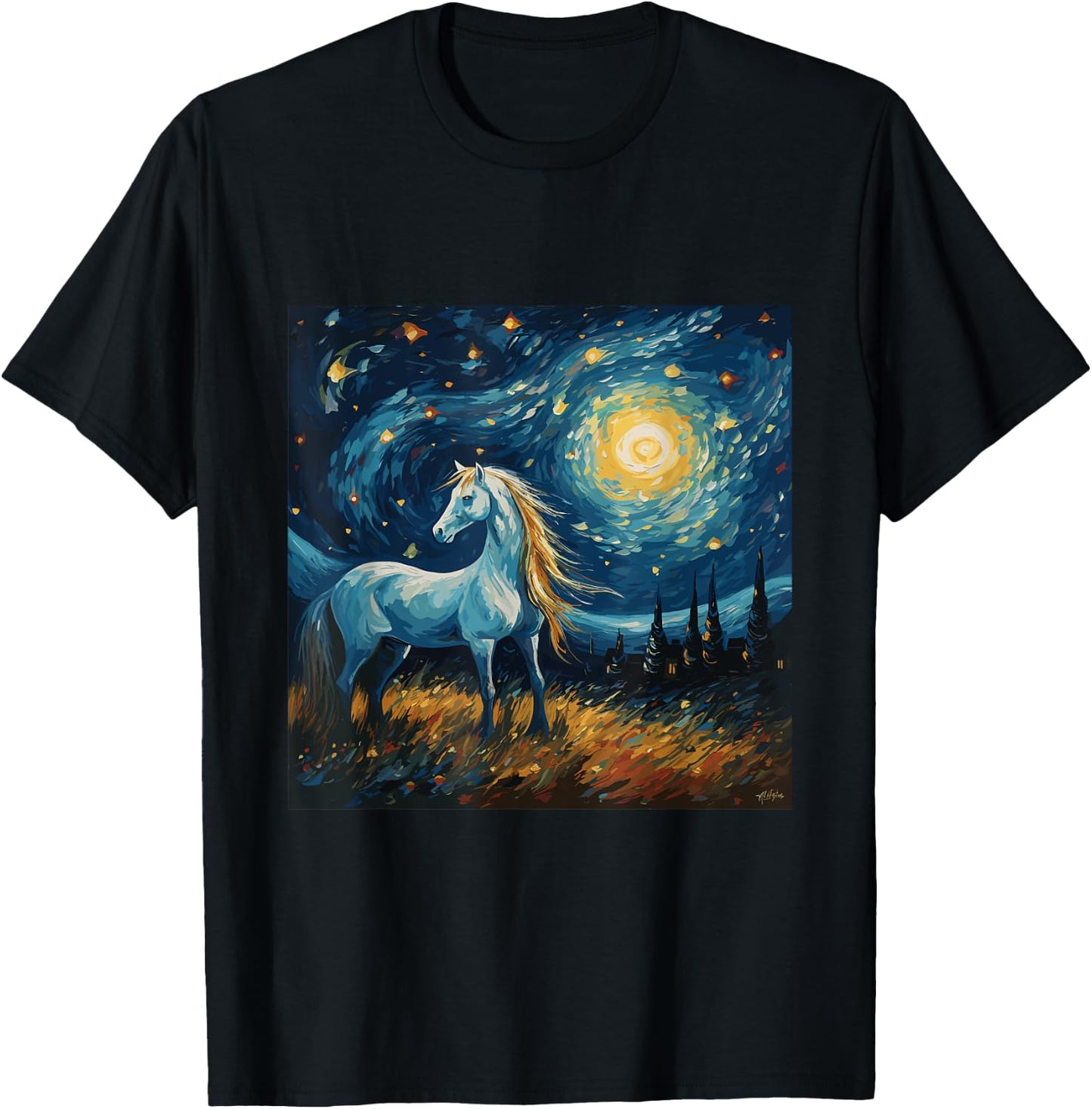Horse in Starry Night Van Gogh inspired Art for Horses Lover T-Shirt - T-Shirt | Black