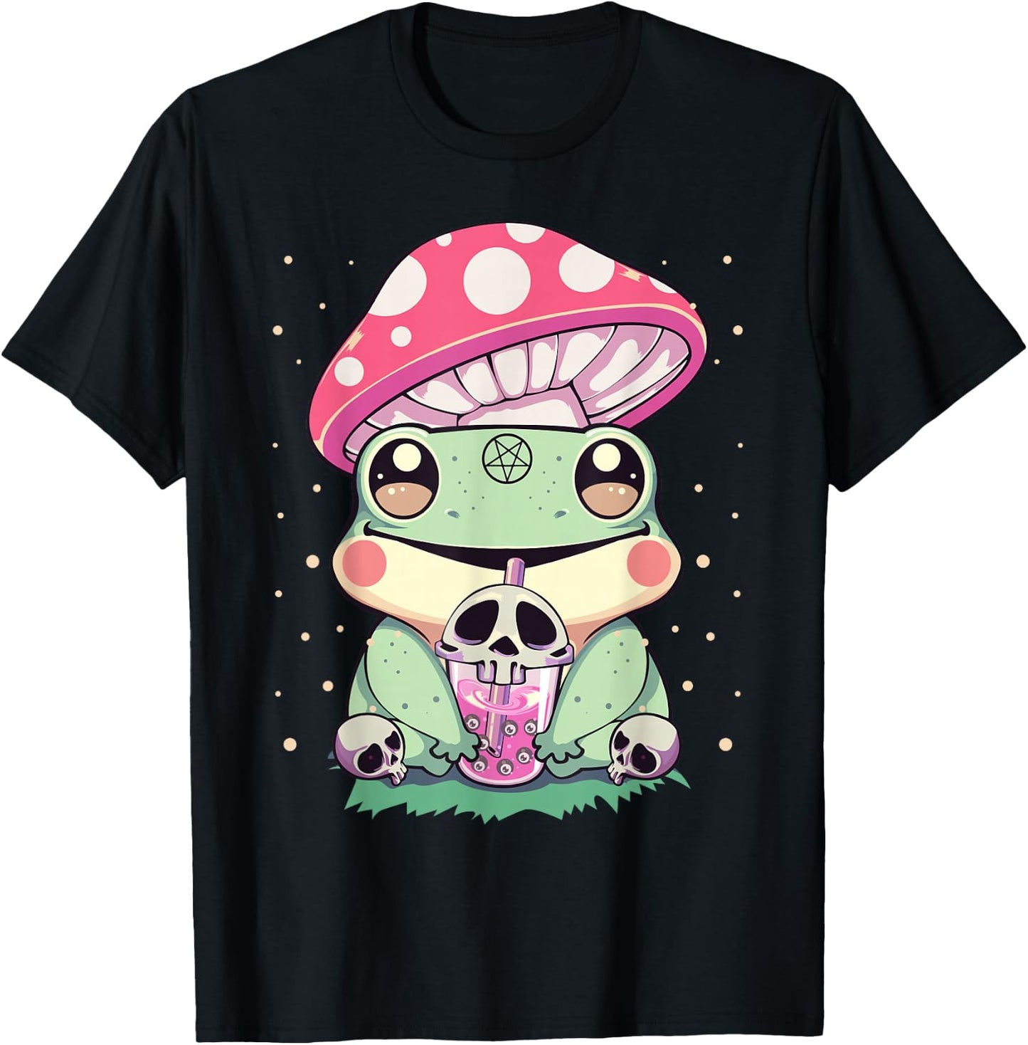Pastel Goth Kawaii Frog Boba Tea and Mushroom Frog T-Shirt - T-Shirt | Black