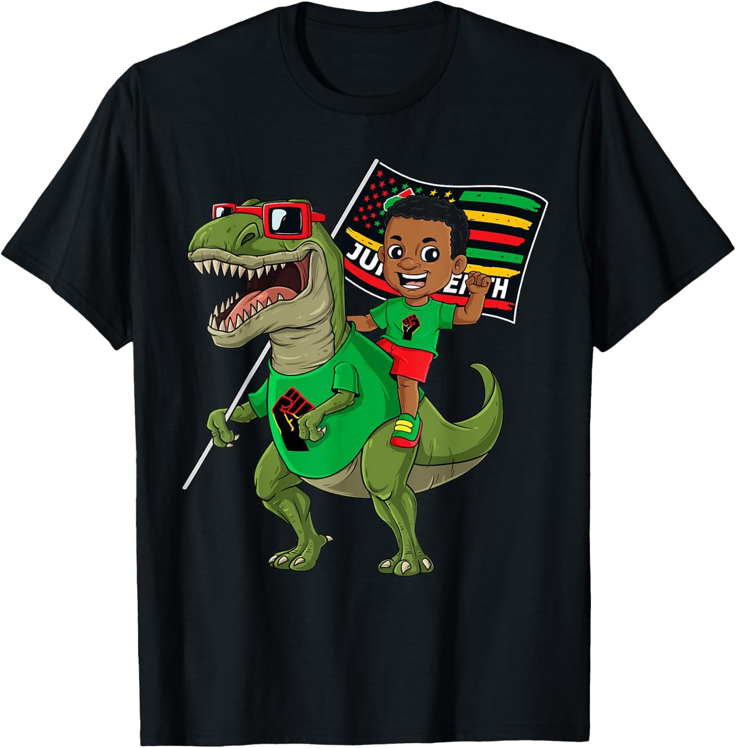 Juneteenth Black King Riding T Rex Dino Funny Boys Kids Flag T-Shirt - T-Shirt | Black
