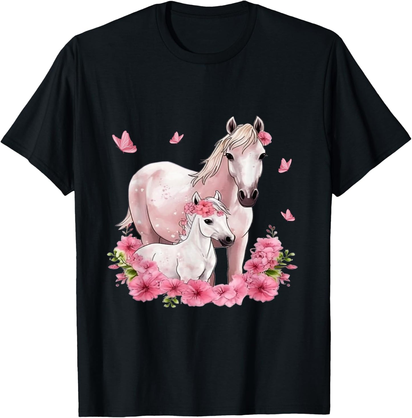 Horse with Foal - Flowers and Butterflies T-Shirt - T-Shirt | Black