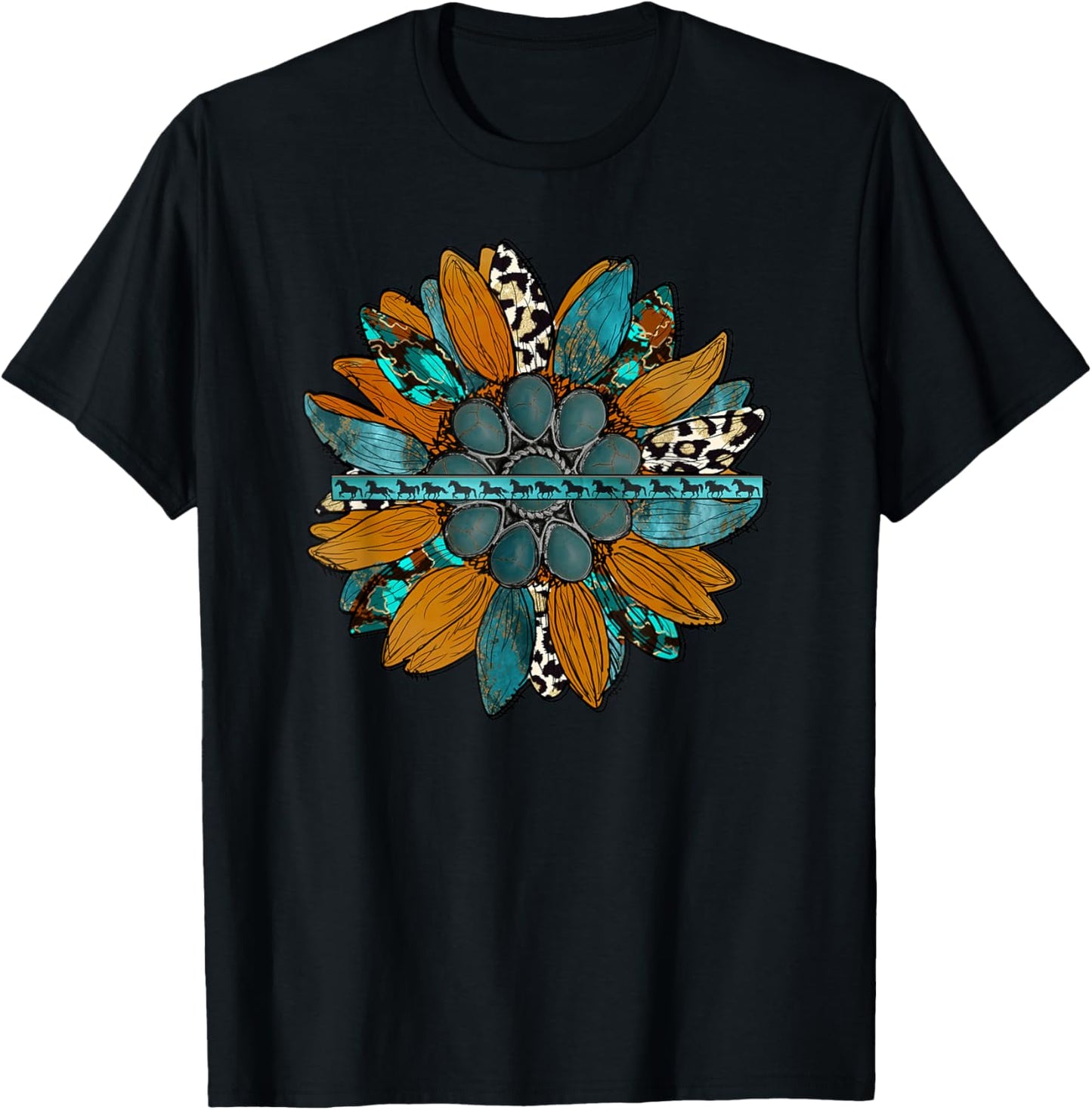 Country Western Sunflower Earth Tones Cowhide Teal T-Shirt - T-Shirt | Black