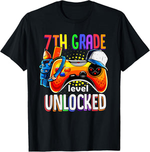 Gamer Back To School 7th Seventh Grade Level Unlocked T-Shirt - T-Shirt | Black