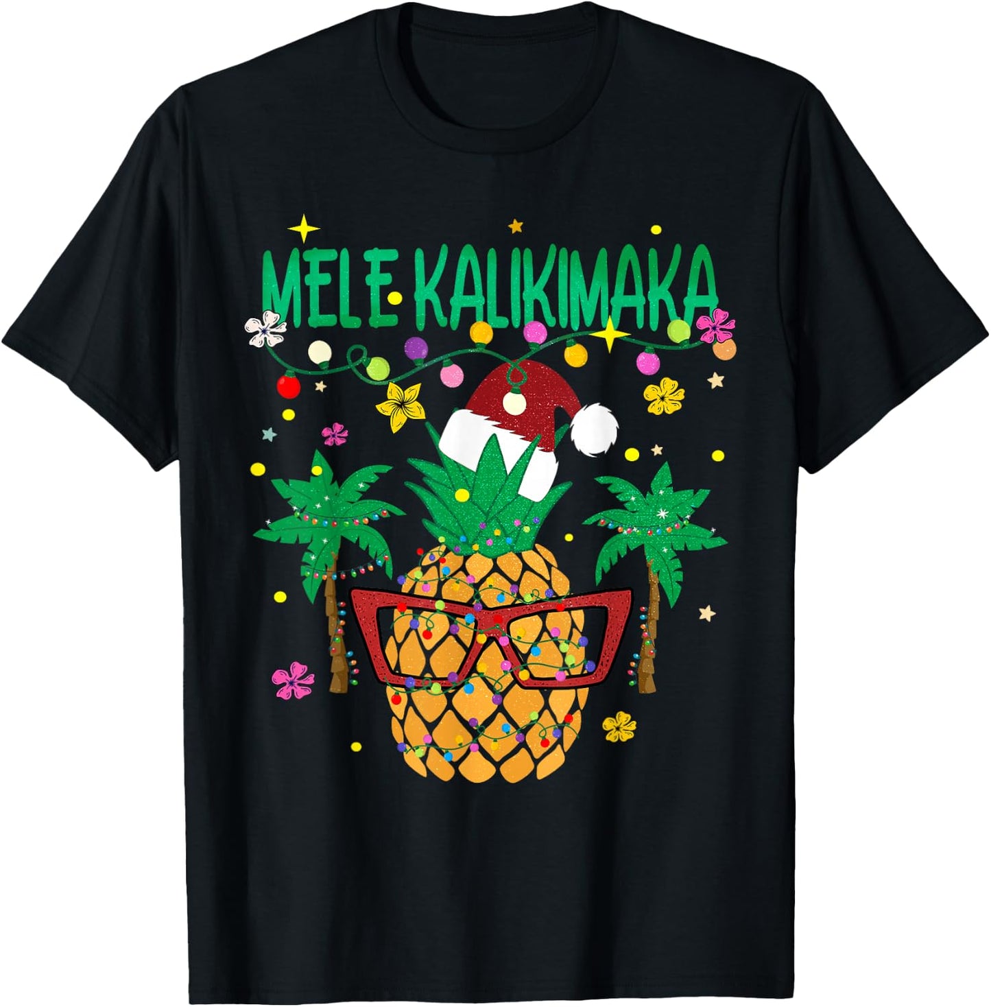 Mele Kalikimaka Xmas Lights Santa Hawaiian Pineapple T-Shirt - T-Shirt | Black