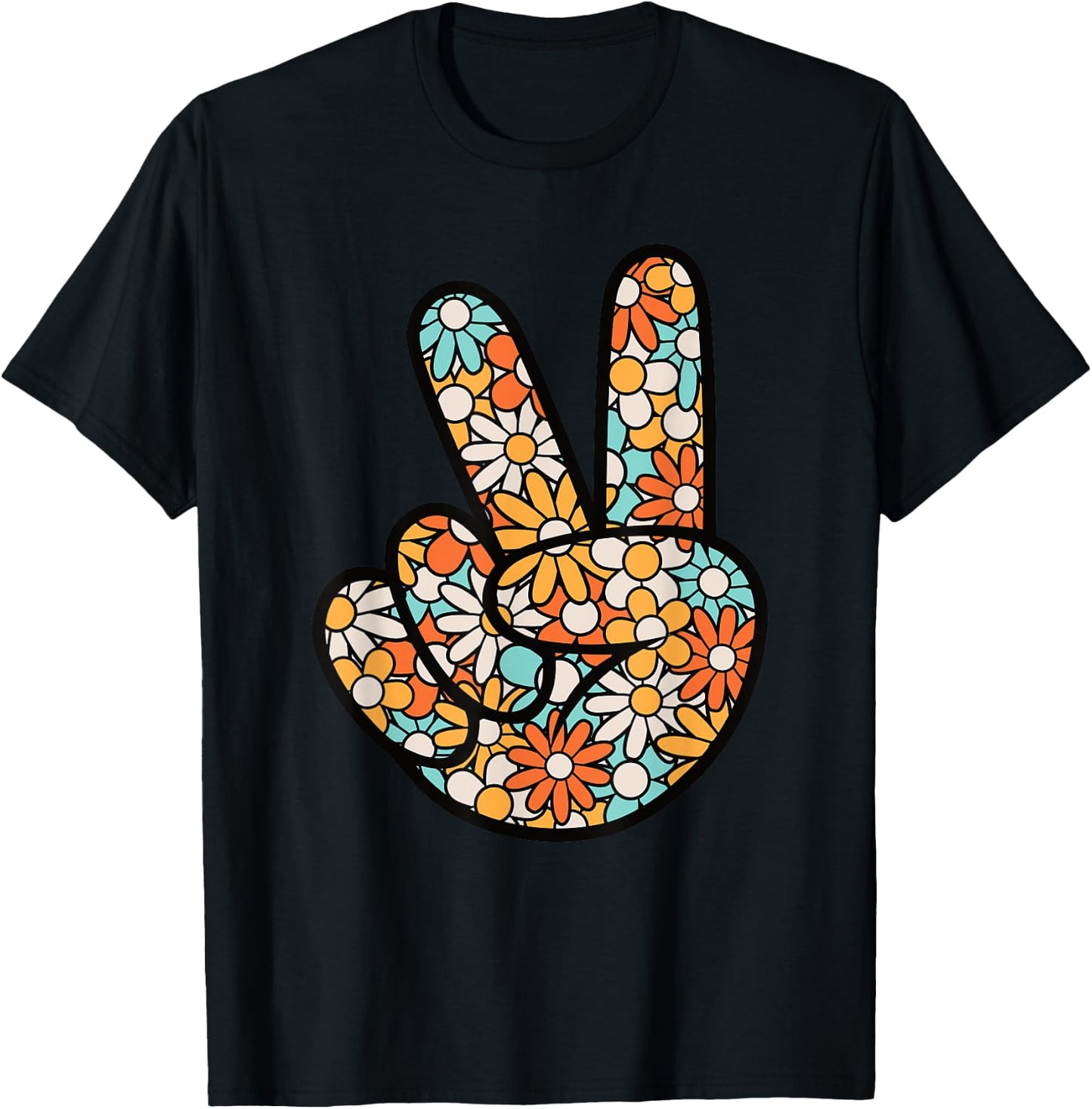 Peace Hand Sign Hippie Flower Groovy 60s 70s Party Outfit T-Shirt - T-Shirt | Black